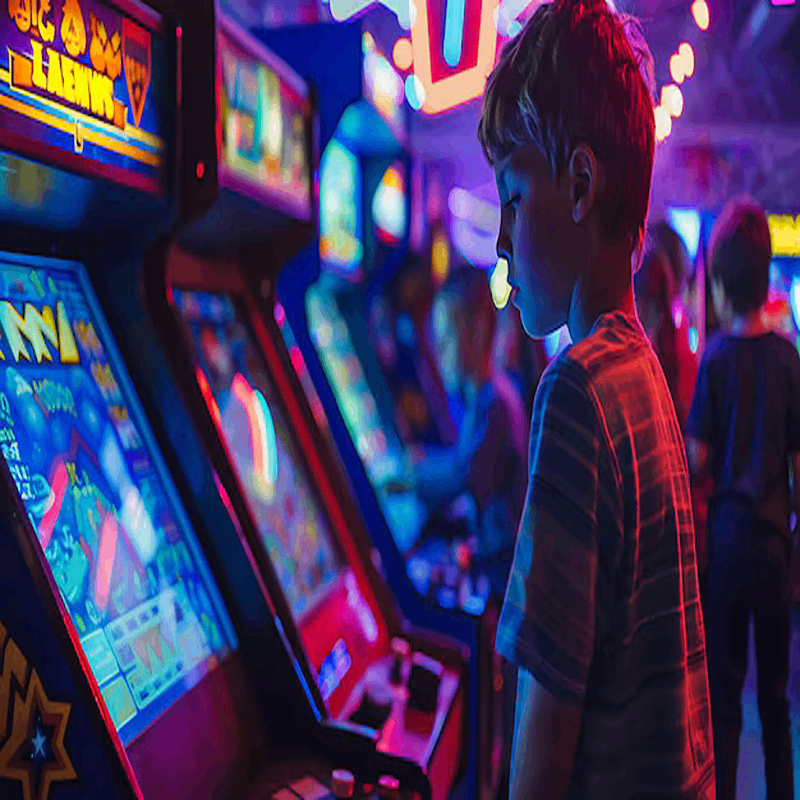 A younge boy staring at a arcade machine.